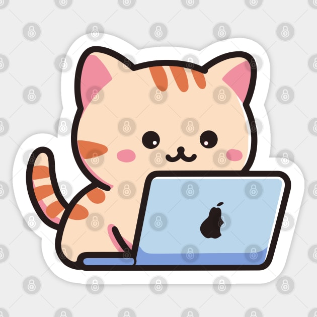 Cute Kawaii Tabby Cat Using a Laptop Sticker by Fur Funnel